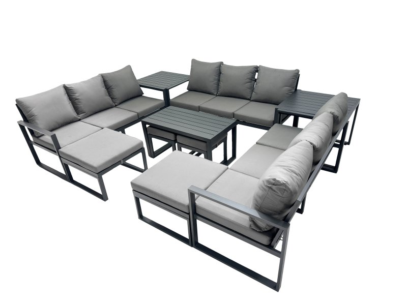 Fimous Outdoor Garden Furniture Set Aluminium Lounge 3 Seat Sofa Oblong Coffee Table Sets with 4 Stools 2 Side Tables Dark Grey