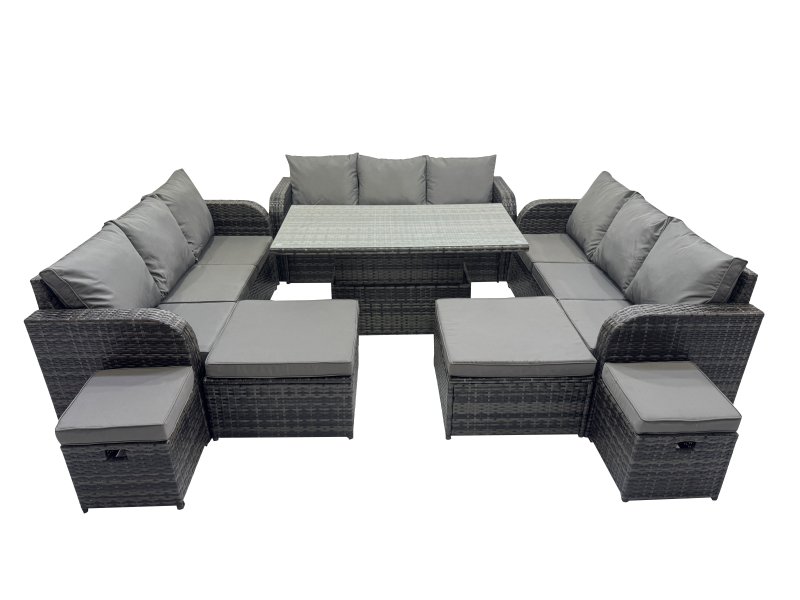 Fimous Rattan Garden Furniture Dining Set 13-seater Patio Height Adjustable Rising Lifting Table Sofa Set with 4 Footstools Dark Grey Mixed