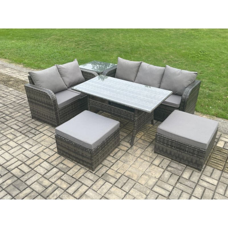 Fimous Patio Rattan Garden Furniture Set with Oblong Rectangular Dining Table 2 Big Footstool Side Table 7 Seater Outdoor Lounge Sofa Set Dark Grey Mixed