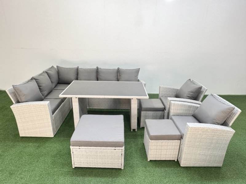 Fimous 11 Seater Wicker Rattan Corner Sofa Sets Outdoor Garden Furniture Sets with Rectangular Dining Table Lounge Sofa 3 Footstools Light Grey