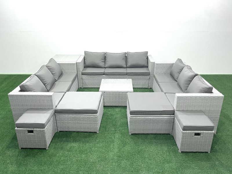 Fimous Garden Outdoor Furniture Set 14 Seater Rattan Sofa Set with Side Table 4 Footstools Light Grey Mixed