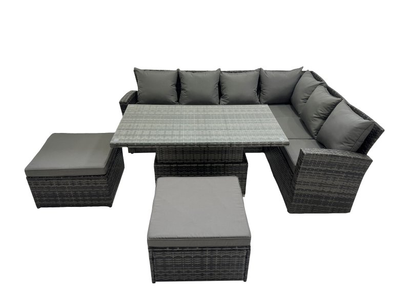 Fimous 8 Seat Rattan Garden Furniture Corner Sofa Set Outdoor Adjustable Lifting Dining or Coffee Table Set with 2 Big Footstools Dark Grey Mixed