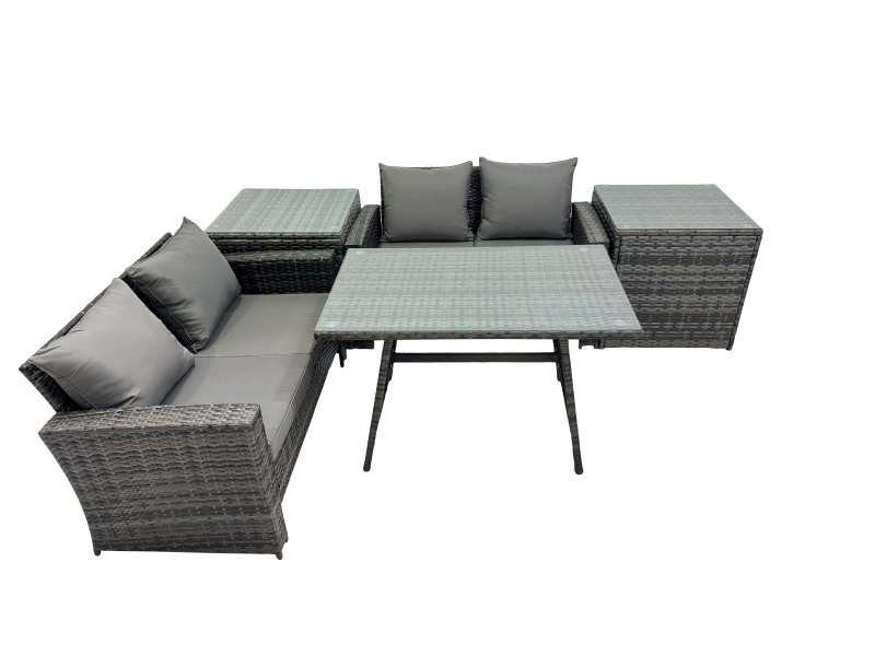 Fimous 4 Seater Wicker PE Rattan Furniture Outdoor Dining Table Double Seat Sofa 2 Side Table Set Dark Grey Mixed