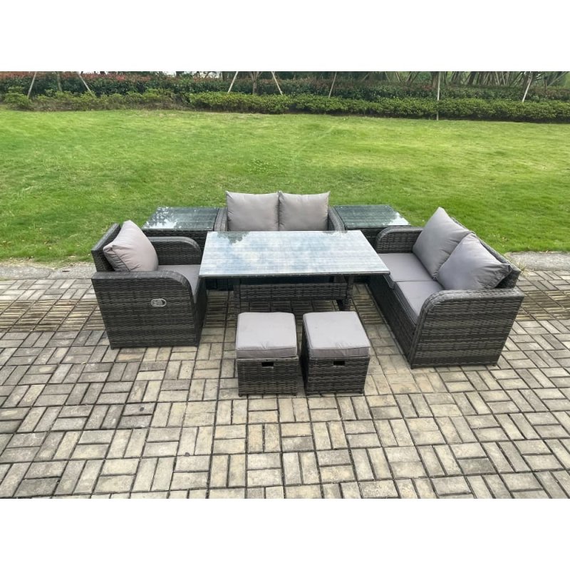 Fimous 7 Seater Lounge Rattan Sofa Set Outdoor Garden Furniture Oblong Rectangular Dining Table With Chairs 2 Small Footstools 2 Side Tables Dark Grey Mixed