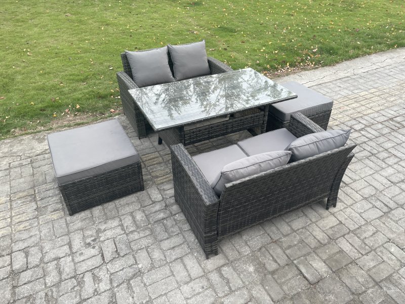 Fimous 6 Seater PE Wicker Rattan Garden Furniture Set Love Sofa Outdoor Rectangular Dining Table 2 Big Footstool Dark Grey Mixed