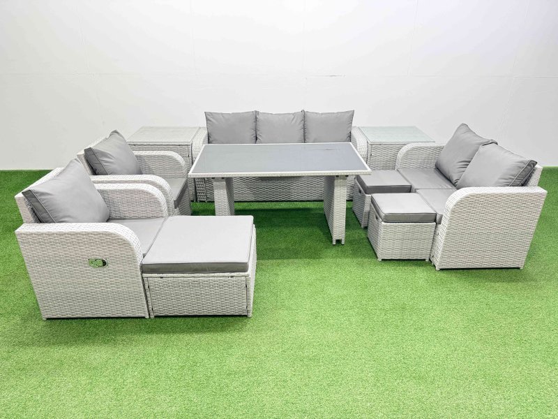Fimous 10 Seater Garden Furniture Set PE Ratten Garden Sofa Set with Rectangular Dining Table 3 Stool 2 Side Tables Light Grey