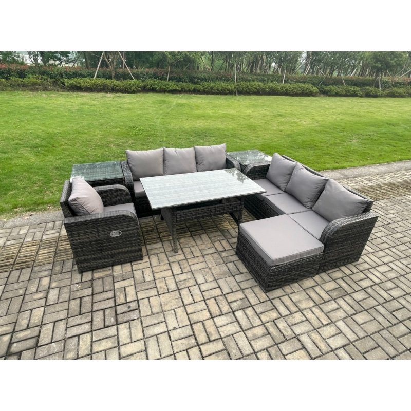 Fimous 8 Seater Rattan Garden Furniture Set Oblong Rectangular Dining Table and Chairs Set with 3 Seater Sofa 2 Side Tables Big Footstool Dark Grey Mixed