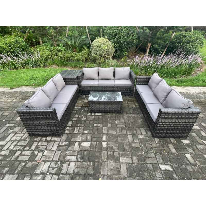 Fimous 9 Seater Outdoor Lounge Sofa Set Wicker PE Rattan Garden Furniture Set with Oblong Coffee Table Side Table Dark Grey Mixed