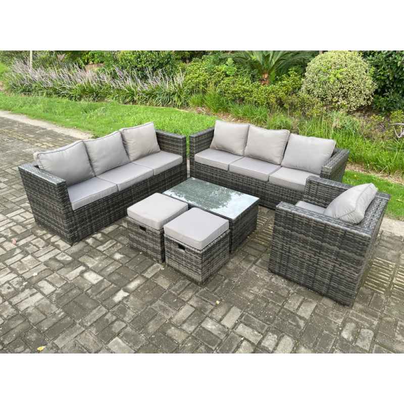 Fimous Wicker PE Rattan Sofa Set Outdoor Patio Garden Furniture with Armchair Oblong Coffee Table 2 Small Footstools Dark Grey Mixed