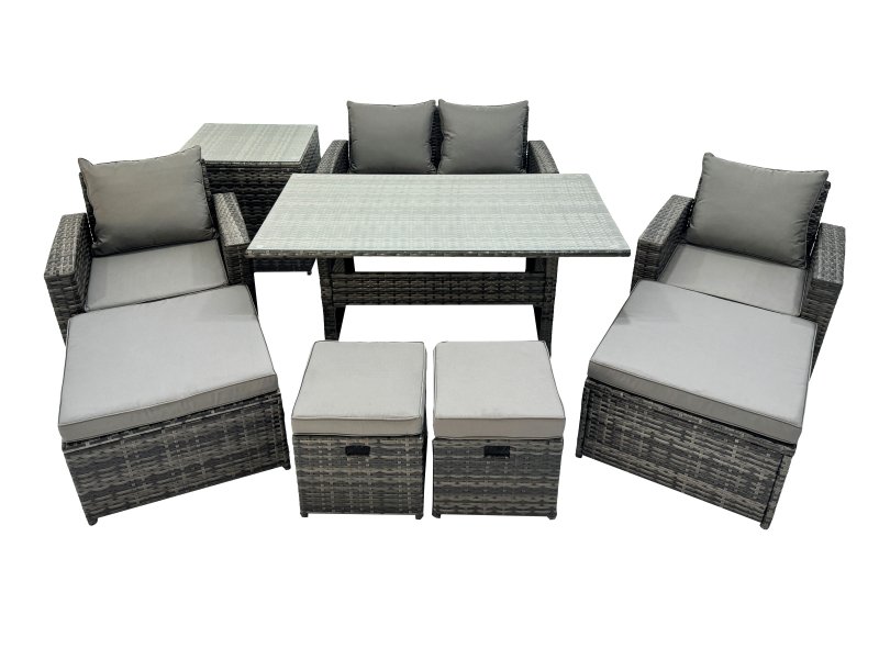 Fimous 8 Seater Wicker PE Rattan Furniture Outdoor Dining Table Double Seat Sofa Side Table 4 Stools Set Dark Grey Mixed