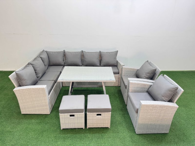 Fimous Garden Outdoor Rattan Furniture Set Rattan Corner Sofa Oblong Dining Table with 2 Armchairs 2 Small Footstools Light Grey Mixed 10 Seater