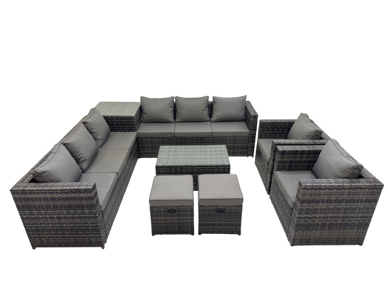 Fimous 10 Seater Garden Outdoor Rattan Furniture Set Patio Corner Sofa Rectangular Coffee Table with 2 Small Stool Dark Grey