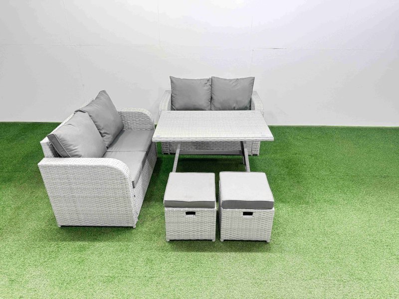 Fimous 6 Seater Outdoor Love Sofa Set Rattan Garden Furniture Set with Rectangular Dining Table 2 Small Footstool Light Grey