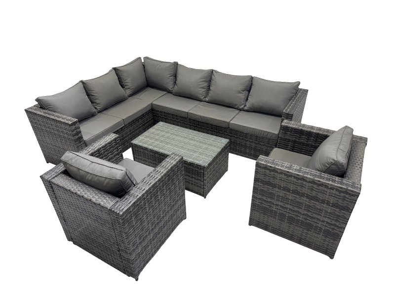 Fimous Outdoor Rattan Rectangular Coffee Table Corner Sofa Sets Garden Furniture Set with 2 Chairs Dark Grey Mixed