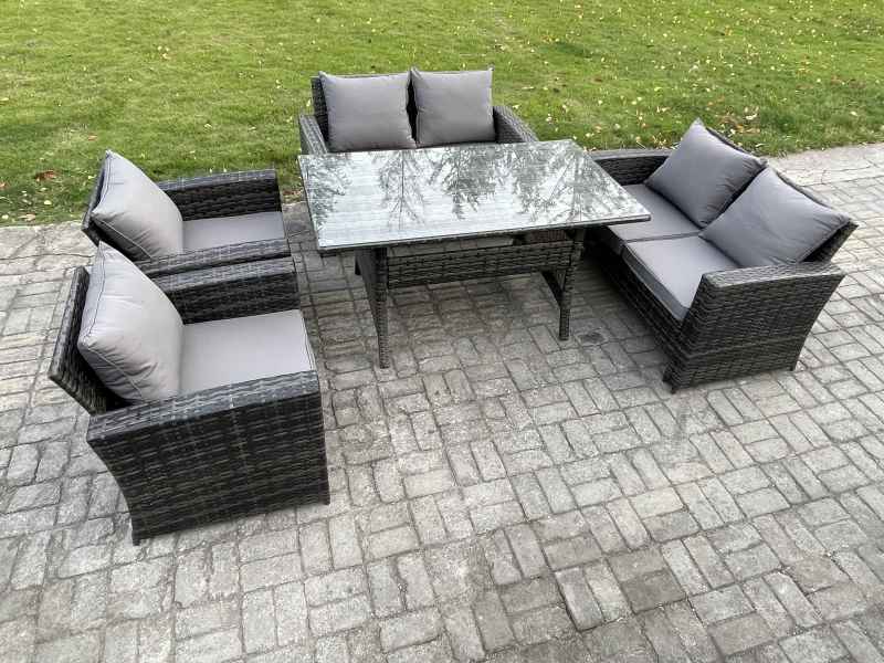 Fimous Rattan Garden Furniture Set 6 Seater Patio Outdoor Lounge Sofa Set with Oblong Dining Table Double Seat Sofa Dark Grey Mixed