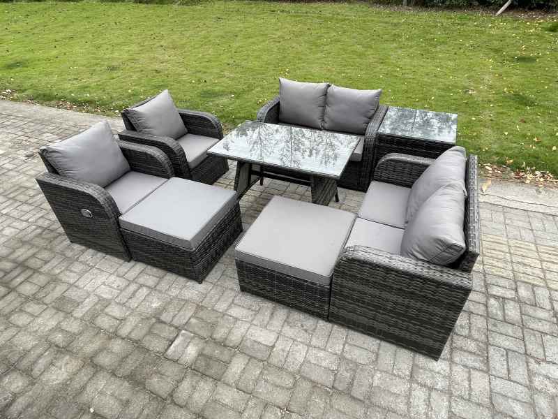 Fimous 8 Seater Wicker PE Rattan Garden Dining Set Outdoor Furniture Sofa with Rectangular Dining Table Side Table 2 Big Footstool Dark Grey Mixed