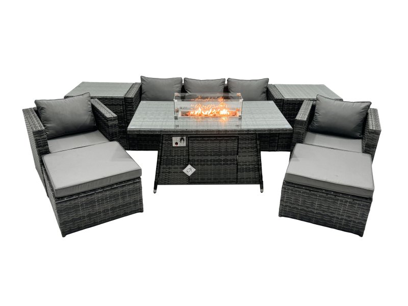 Fimous Rattan Garden Furniture Firepit Dining Set 7 Seater Lounge Sofa Table Set with 2 Side table 2 big Footstool