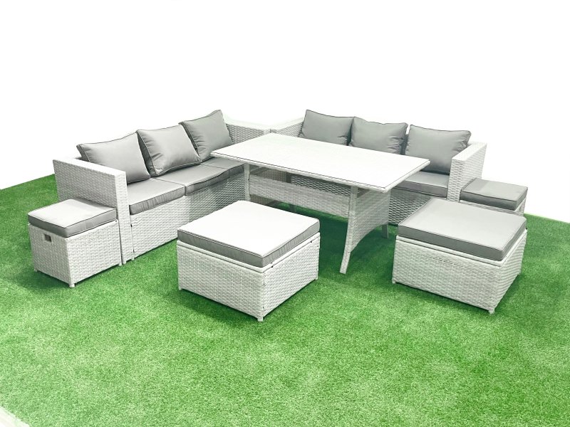 Fimous Rattan Garden Furniture Set Outdoor 10 Seater Patio Dining Sets with Glass Top Dining Table Light Grey Mixed