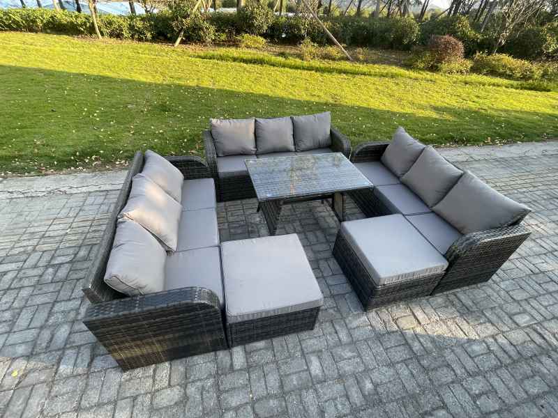 Fimous Rattan Garden Furniture Dining Set 11 seater Patio Rectangular Table 2 Big Footstool Dark Grey Mixed