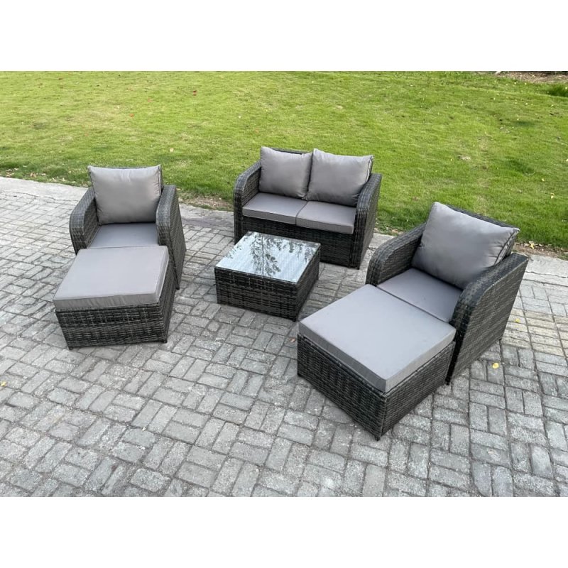 Fimous 6 Seater High Back Rattan Garden Furniture Set with Square Coffee Table 2 Big Footstool Love Sofa Reclining Chair Indoor Outdoor Patio Lounge Sofa Set Dark Grey Mixed
