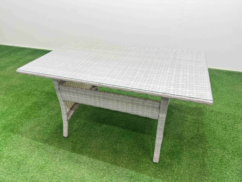 Fimous PE Rattan Garden Furniture Set Reclining Chair Sofa Double Love Seat 2 Seater Sofa Lounge Set Rectangular Dining Table 2 Big Footstool Light Grey