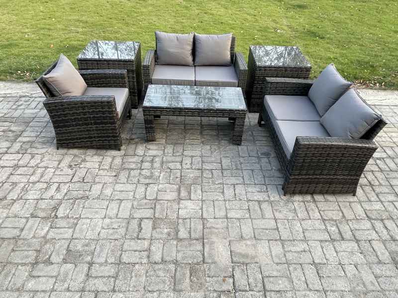 Fimous 6pcs Rattan Outdoor Garden Furniture Sofa Set with Coffee Table 2 Side Tables Dark Grey Mixed