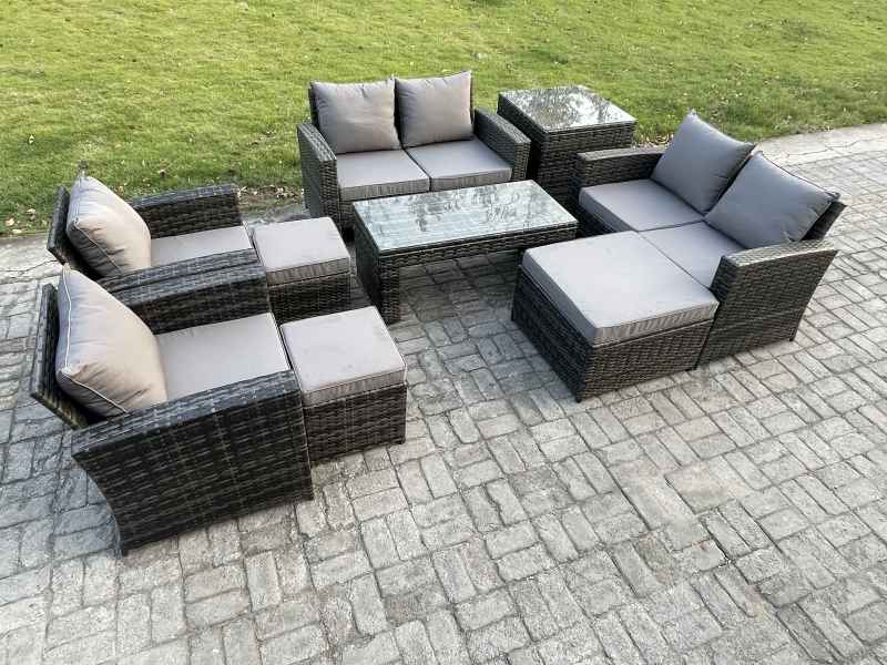 Fimous 9 Seater Dark Grey Mixed High Back Rattan Sofa Set Coffee Table Garden Furniture Outdoor Patio With Love Sofa Arm Chairs 3 Footstools Side Table