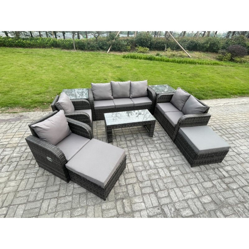 Fimous Outdoor Rattan Garden Furniture Set Rattan Lounge Sofa Set with Rectangular Coffee Table 2 Side Tables 2 Big Footstool Dark Grey Mixed