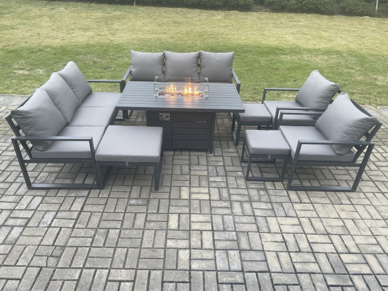 Fimous Aluminium Outdoor Garden Furniture Set Patio Lounge Sofa Gas Fire Pit Dining Table Set with 3 Footstools Dark Grey