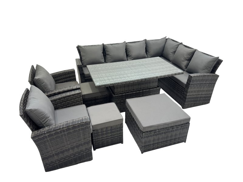 Fimous 11 Seat Rattan Garden Furniture Corner Sofa Set Outdoor Adjustable Lifting Dining or Coffee Table Set with 3 Footstools Dark Grey Mixed