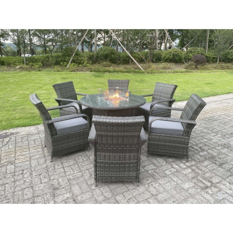 Fimous Rattan Garden Furniture Gas Fire Pit Round Dining Table Gas Heater And Dining Chairs 6 Seater
