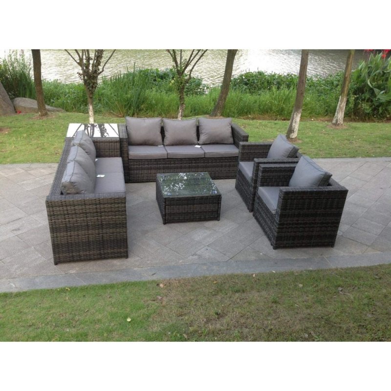 Fimous 8 Seater Grey Rattan Sofa Set Coffee Table Arm Chair Outdoor Garden Furniture