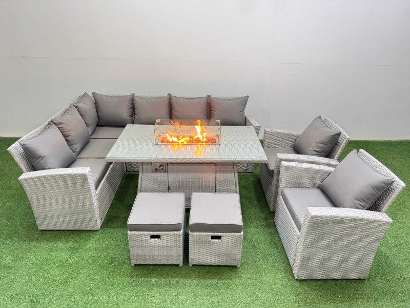 Fimous Rattan Corner Sofa Chair Set Outdoor Furniture Garden Dining Sets Gas Fire Pit Table with Temper Glass 2 Footstools Light Grey Mixed