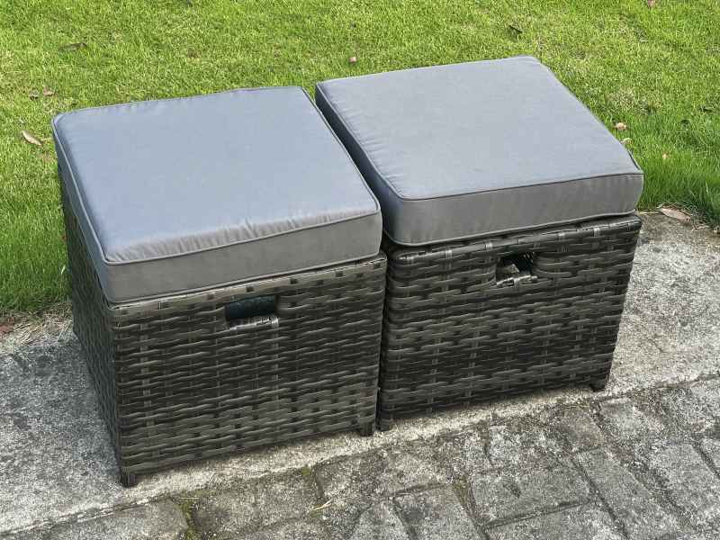 Fimous Outdoor Lounge Sofa Set Wicker PE Rattan Garden Furniture Set with Rectangular Dining Table 2 Seat Sofa 2 Small Footstools Dark Grey Mixed
