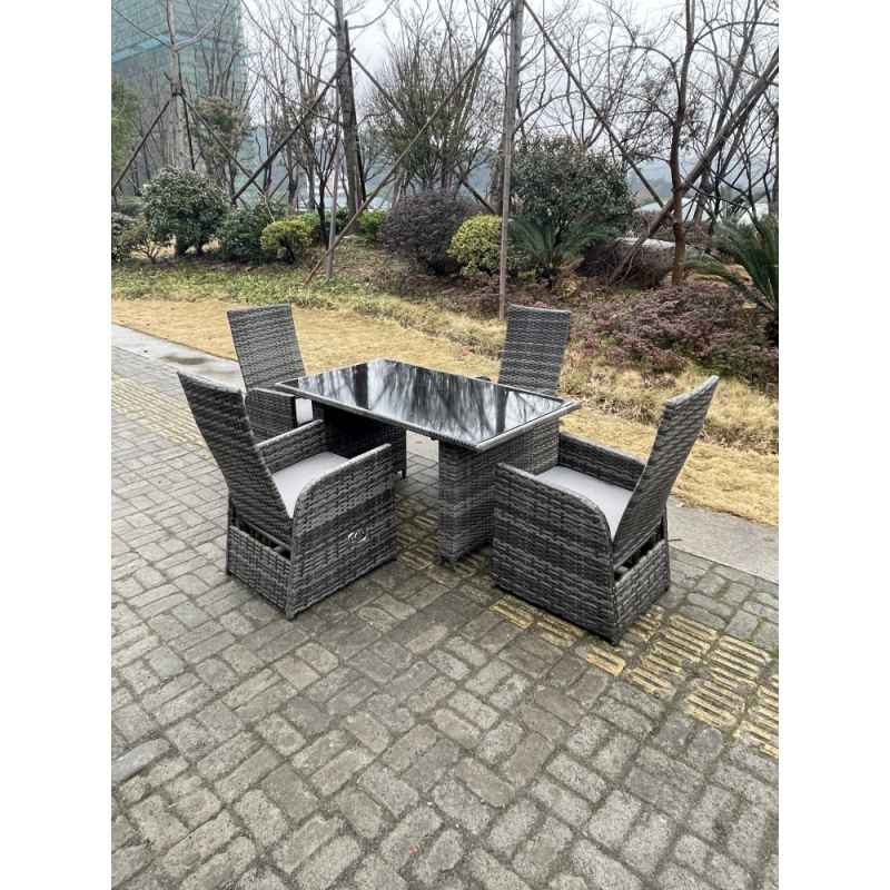 Fimous Dark Grey Mixed Outdoor PE Wicker Rattan Garden Furniture Reclining Chair And Table Dining Sets 4 Seater Rectangular Black Tempered Table