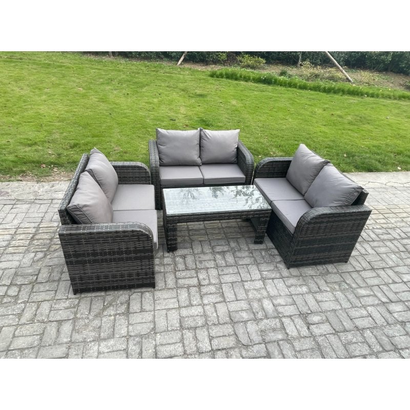 Fimous Rattan Garden Furniture Set 6 Seater Indoor Outdoor Patio Sofa Set with Coffee Table Loveseat Sofa Dark Grey Mixed