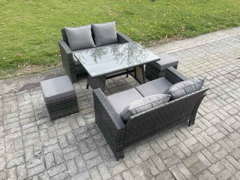 Fimous 6 Seater Wicker PE Rattan Garden Dining Set Outdoor Furniture Sofa with Rectangular Dining Table Double Seat Sofa 2 Small Footstools Dark Grey Mixed