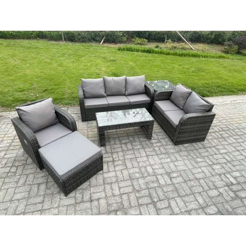 Fimous 7 Seater Outdoor Rattan Garden Furniture Set Rattan Lounge Sofa Set with Rectangular Coffee Table Reclining Chair Big Footstool Side Table Dark Grey Mixed