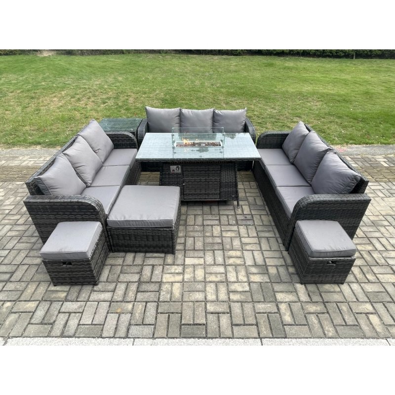 Fimous Outdoor Rattan Furniture Garden Dining Set Gas Fire Pit Table With Side Table Lounge Sofa 3 Footstool