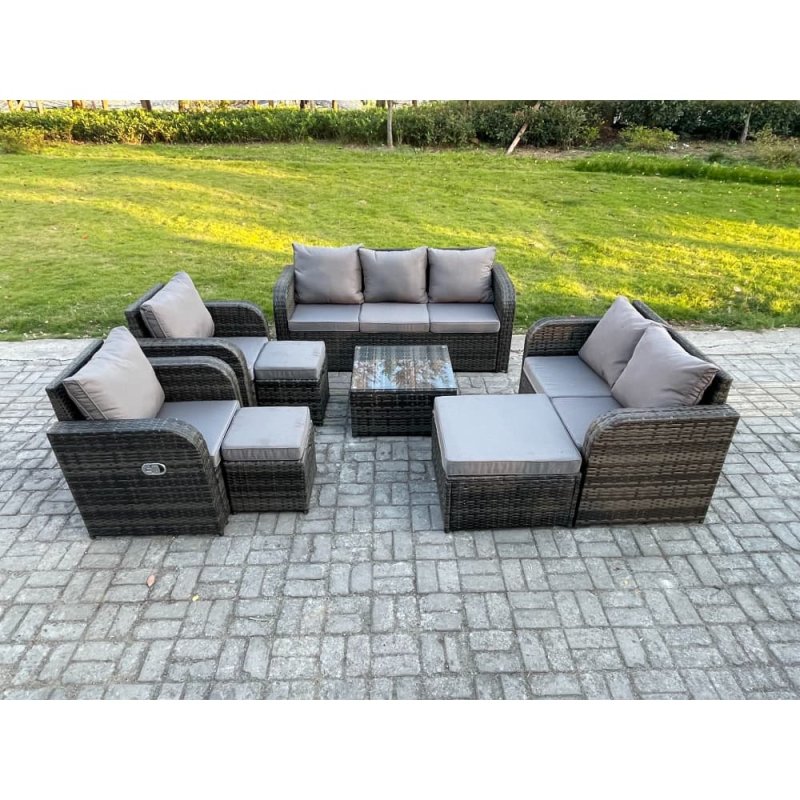 Fimous 10 Seater Garden Furniture Set Rattan Outdoor Lounge Sofa Chair With Tempered Glass Table 3 Footstools Dark Grey Mixed