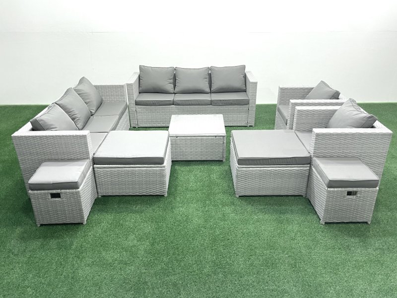 Fimous Garden Outdoor Furniture Set 12 Seater Rattan Sofa Set with 4 Footstools Light Grey Mixed