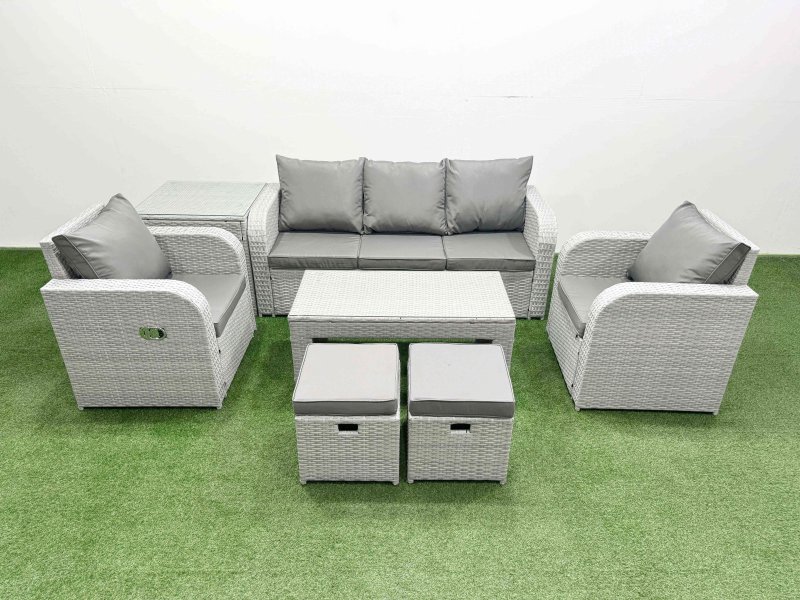 Fimous PE Rattan Garden Furniture Set Reclining Chair Sofa Lounge Sofa Set Rectangular Coffee Table Side Table 2 Small Stools Light Grey
