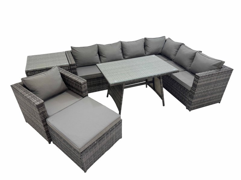 Fimous Rattan garden furniture Patio Furniture Sets with Dining Table Chair Big Stool Side Table Dark Grey Mixed