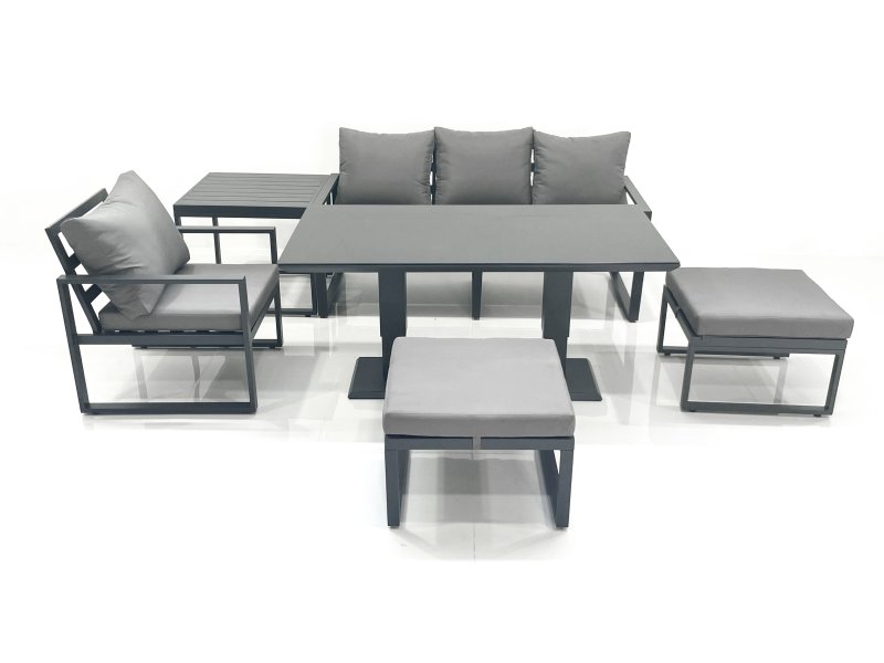 Fimous 6 Seater Garden Sofa Set Aluminium Furniture Rising Dining Tabe Set with Chair 2 Big Footstool Side Table Dark Grey