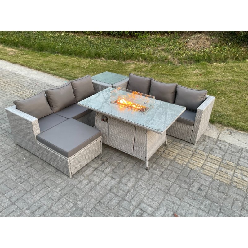 Fimous Light Grey Corner Rattan Fire Pit Garden Furniture Set Gas Heater Burner Lounge Sofa With Side Coffee Table Big Footstool