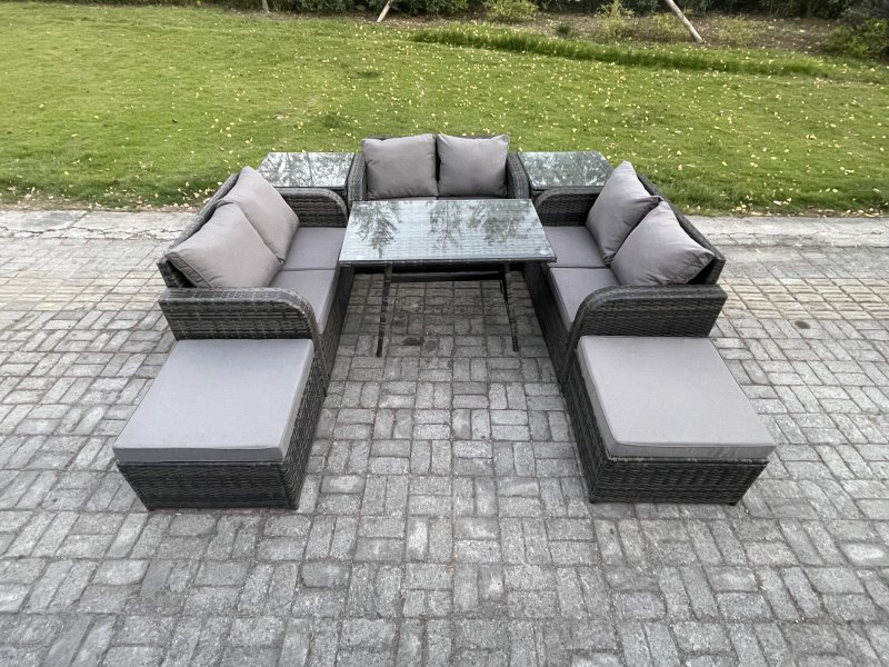 Fimous Outdoor Rattan Garden Furniture Set 8 Seater Patio Love Sofa Set with Rectangular Dining Table 2 Big Footstool 2 Side Tables Dark Grey Mixed