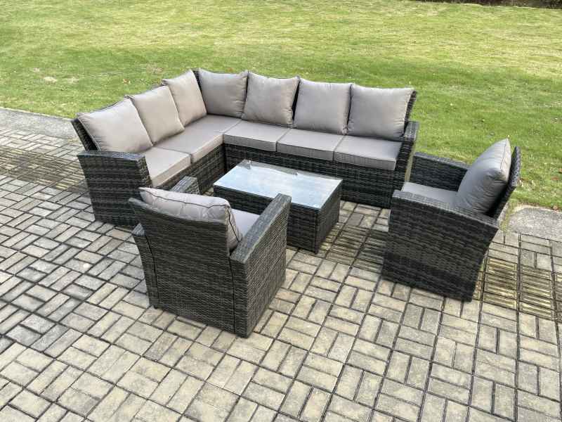 Fimous 8 Seater High Back Outdoor Garden Furniture Set Rattan Corner Sofa Set With Rectangular Coffee Table 2 Armchairs Dark Grey Mixed