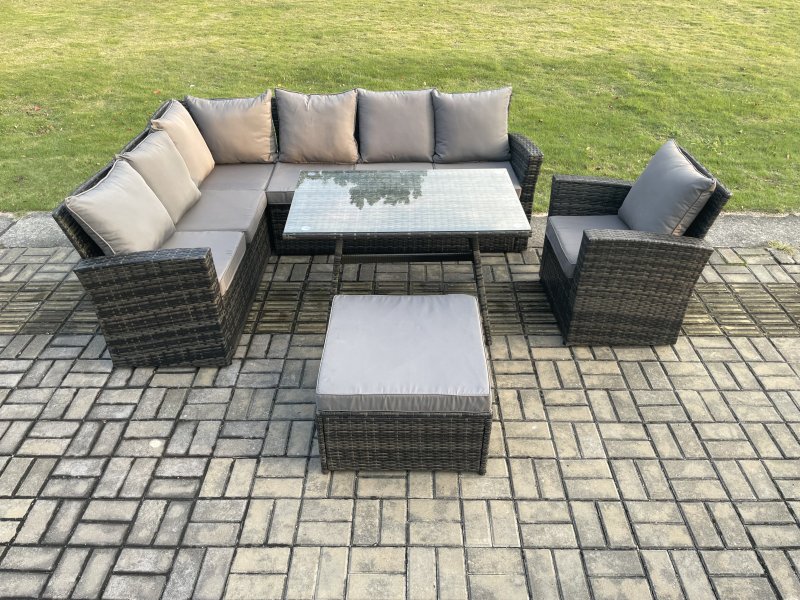 Fimous Outdoor Furniture Garden Dining Set Rattan Corner Sofa Set with Rectangular Dining Table Armchair Big Footstool Dark Grey Mixed