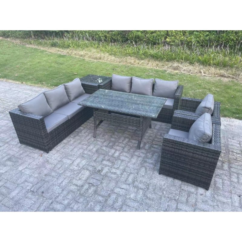 Fimous Outdoor Garden Furniture Rattan Lounge Sofa Set Patio Rectangular Dining Table with 2 Armchair Side Table 8 Seater Dark Grey Mixed