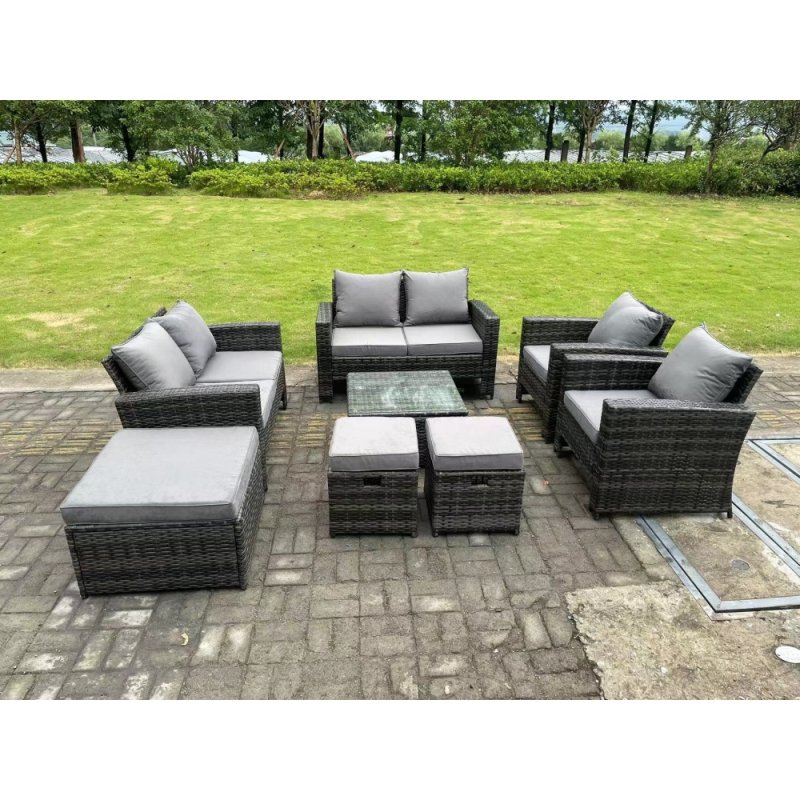 Fimous 9 Seater Dark Grey Mixed High Back Rattan Sofa Set Coffee Table Garden Furniture Outdoor 3 Stools